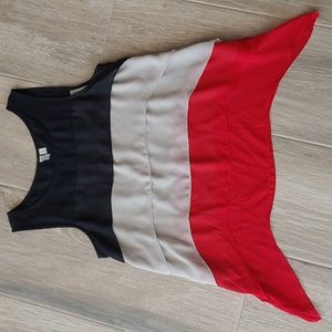 EUC Madison Women's Sz S Tiered Sleeveless Top, Black/Tan/Red